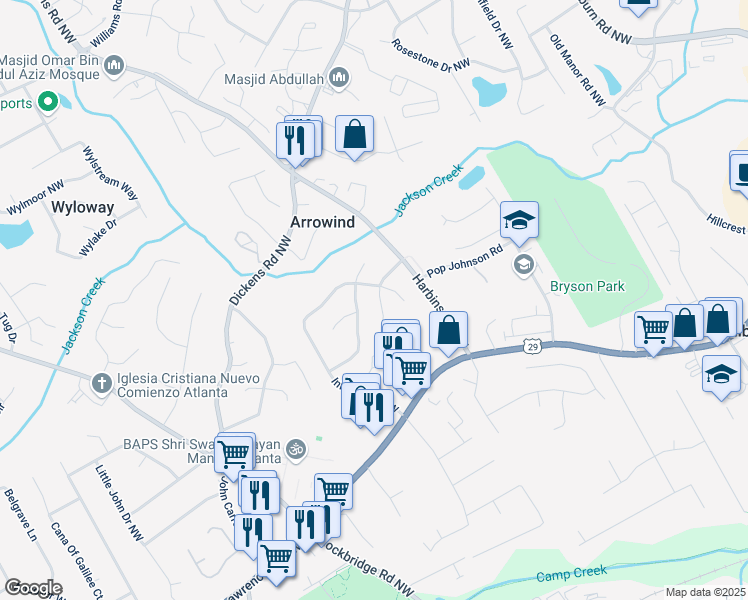 map of restaurants, bars, coffee shops, grocery stores, and more near 5307 Jay Way Northwest in Lilburn