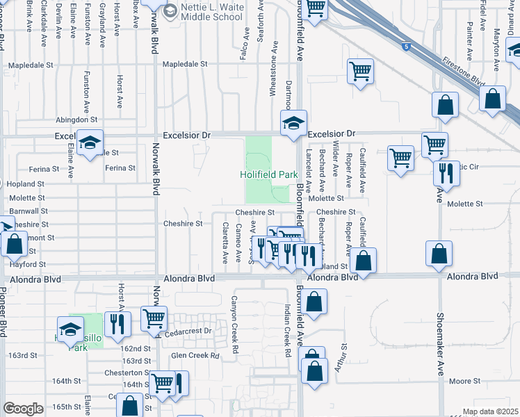 map of restaurants, bars, coffee shops, grocery stores, and more near 12463 Cheshire Street in Norwalk