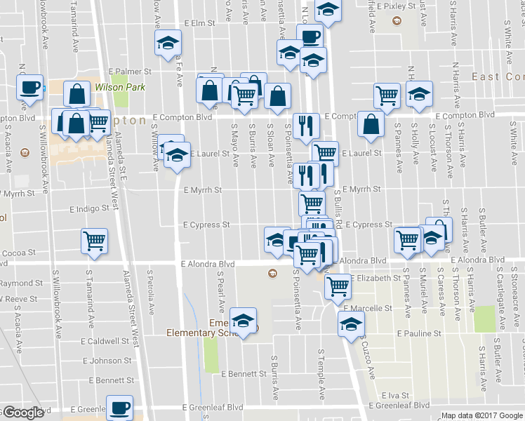 map of restaurants, bars, coffee shops, grocery stores, and more near 604 South Burris Avenue in Compton