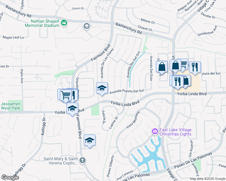 map of restaurants, bars, coffee shops, grocery stores, and more near 4741 Vía La Quinta in Yorba Linda