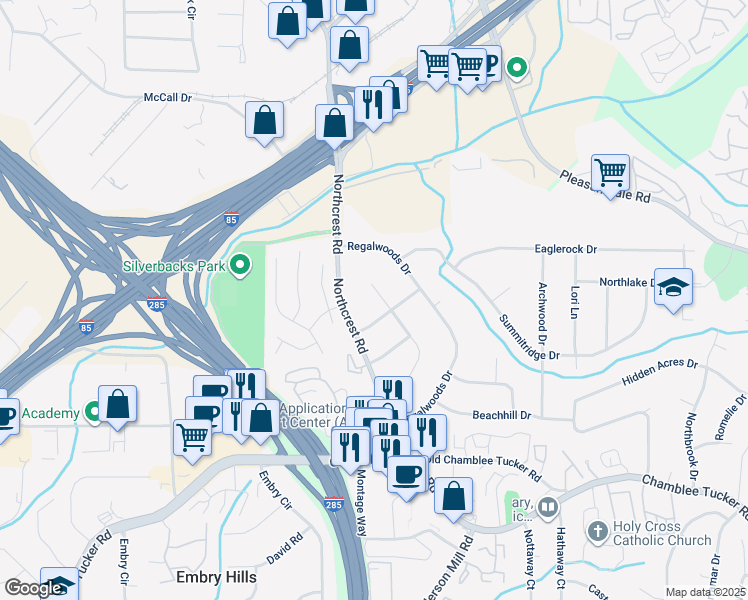 map of restaurants, bars, coffee shops, grocery stores, and more near 3456 Thornewood Drive in Atlanta