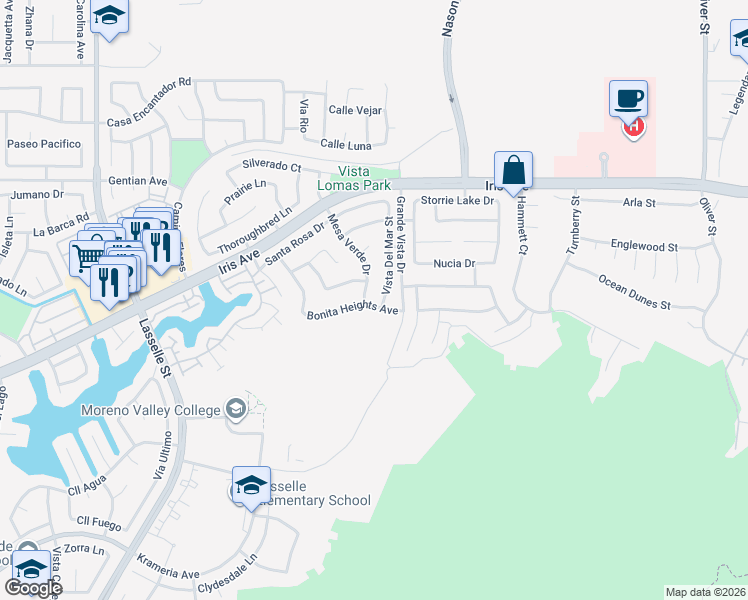 map of restaurants, bars, coffee shops, grocery stores, and more near 26738 Bonita Heights Avenue in Moreno Valley