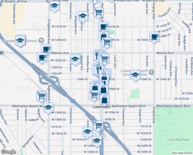 map of restaurants, bars, coffee shops, grocery stores, and more near 4415 154th Street in Lawndale