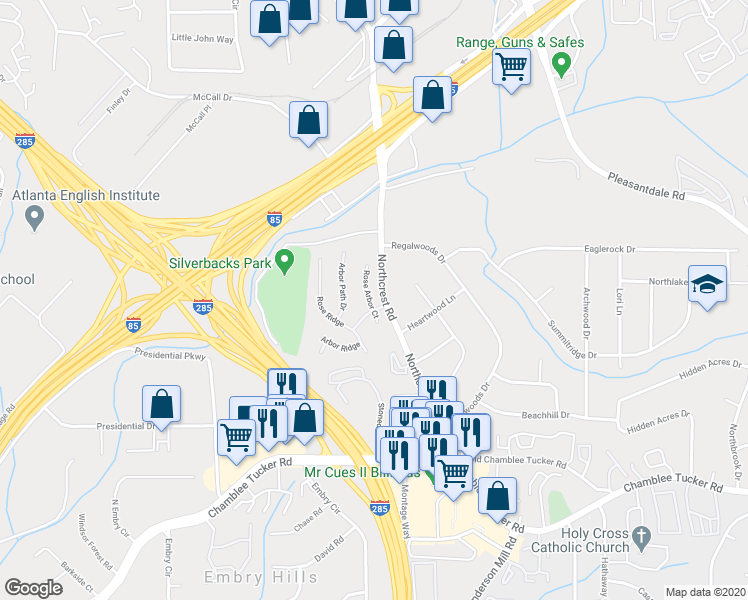 map of restaurants, bars, coffee shops, grocery stores, and more near 3435 Rose Arbor Court in Atlanta
