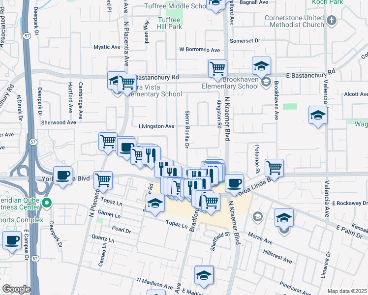 map of restaurants, bars, coffee shops, grocery stores, and more near 1601 Sierra Bonita Drive in Placentia
