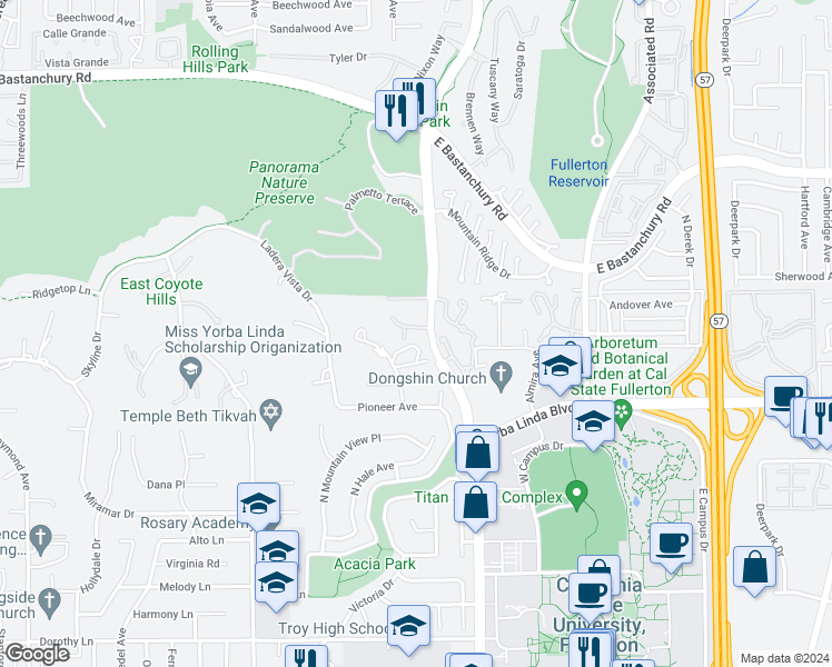 map of restaurants, bars, coffee shops, grocery stores, and more near 2132 Mendocino Street in Fullerton