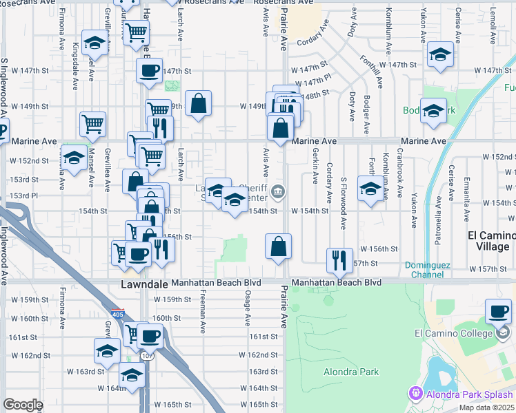 map of restaurants, bars, coffee shops, grocery stores, and more near 4049 154th Street in Lawndale