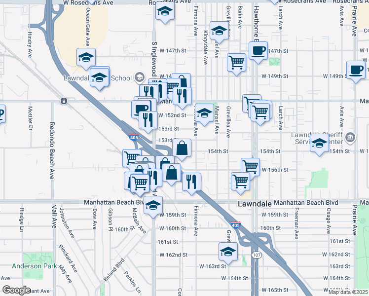 map of restaurants, bars, coffee shops, grocery stores, and more near 4625 154th Street in Lawndale