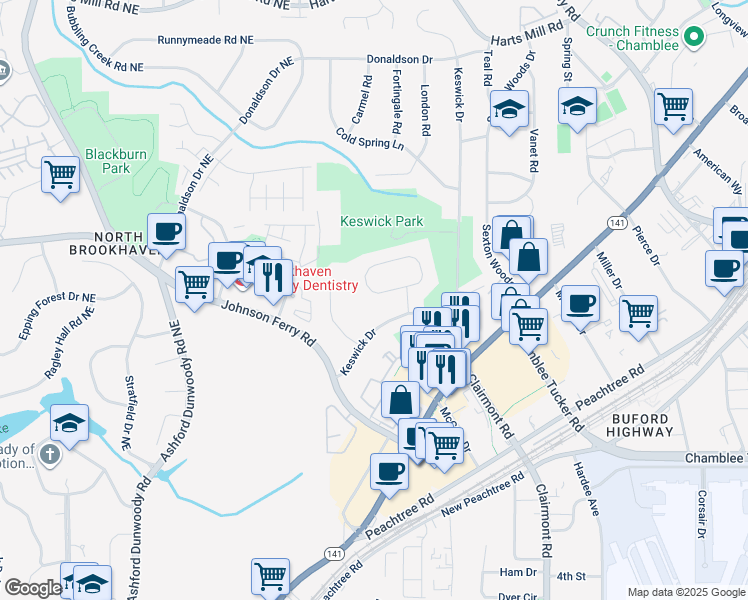 map of restaurants, bars, coffee shops, grocery stores, and more near 3470 Hildon Circle in Chamblee