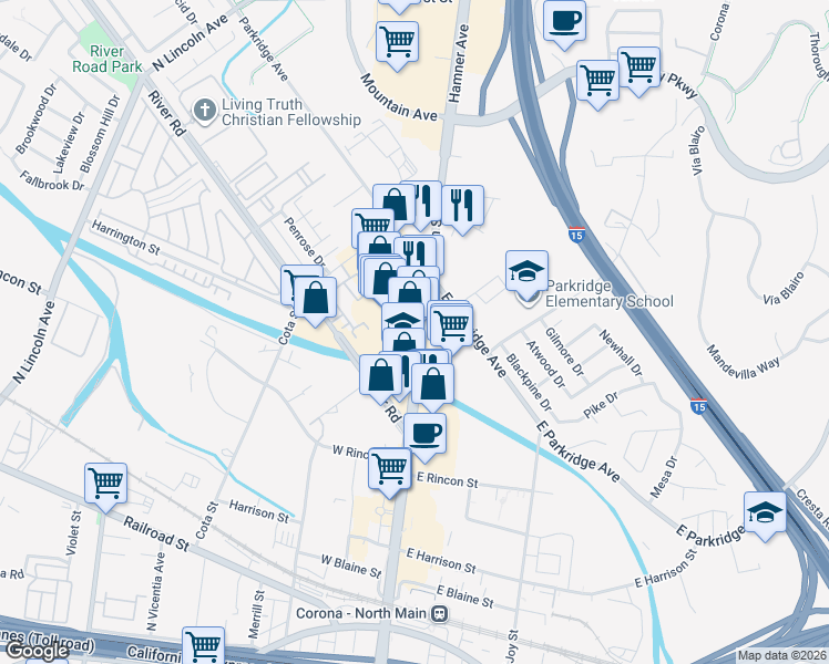 map of restaurants, bars, coffee shops, grocery stores, and more near in Corona