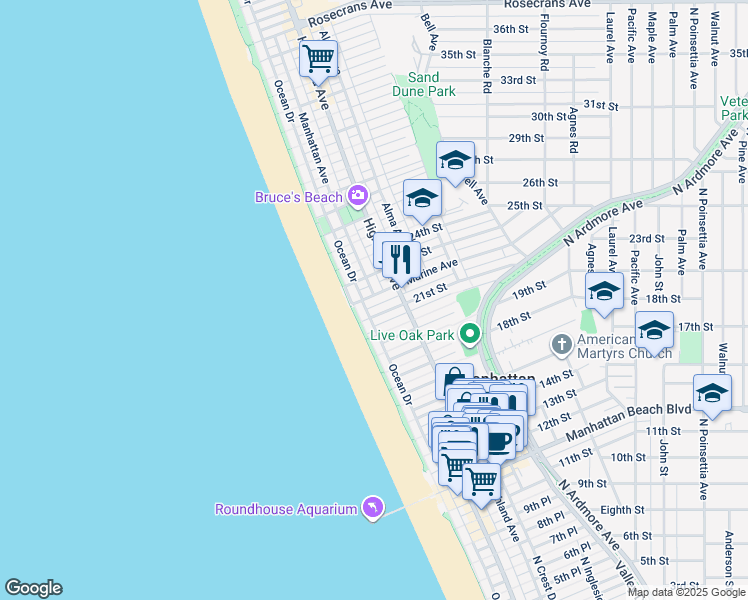 map of restaurants, bars, coffee shops, grocery stores, and more near 128 Marine Avenue in Manhattan Beach