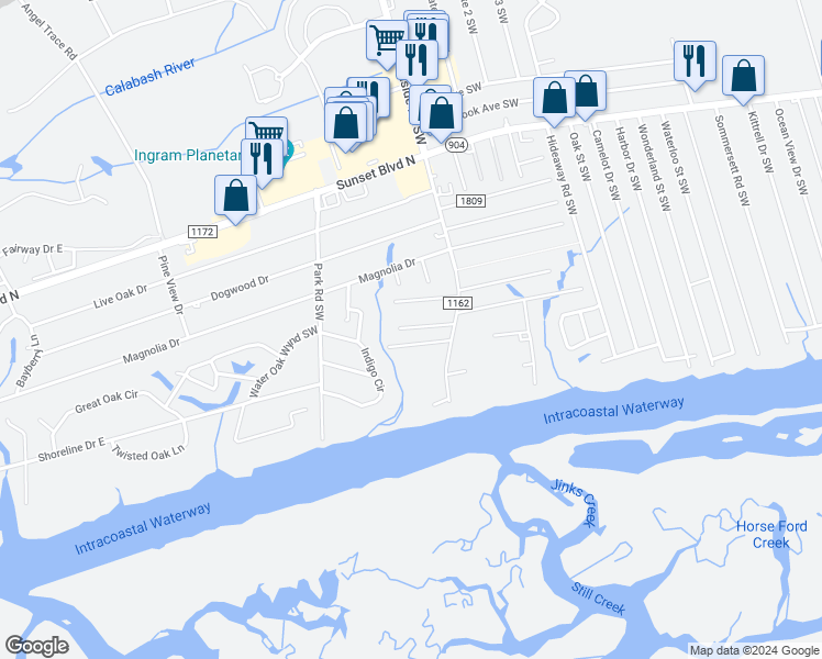 map of restaurants, bars, coffee shops, grocery stores, and more near 607 Sunset Oaks Lane in Sunset Beach
