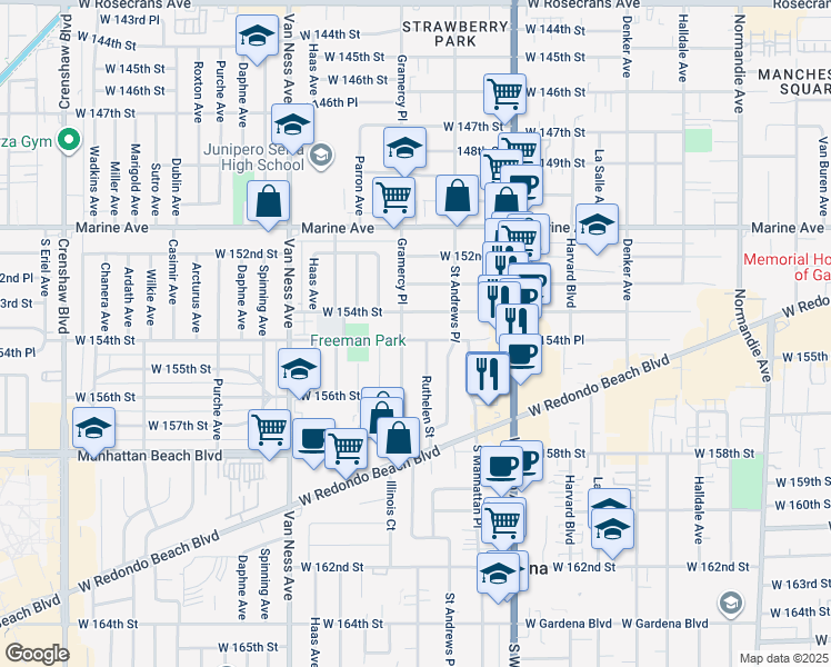 map of restaurants, bars, coffee shops, grocery stores, and more near 1935 West 154th Place in Gardena