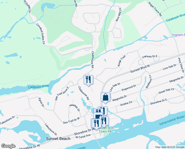 map of restaurants, bars, coffee shops, grocery stores, and more near 210 Clubhouse Road in Sunset Beach