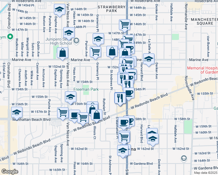 map of restaurants, bars, coffee shops, grocery stores, and more near 1923 West 154th Place in Gardena