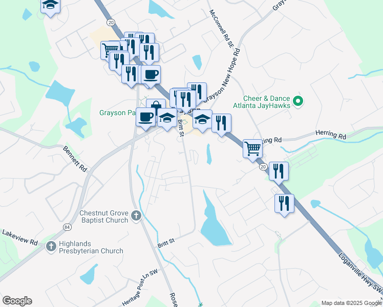 map of restaurants, bars, coffee shops, grocery stores, and more near 2120 Rail Yard Avenue in Grayson