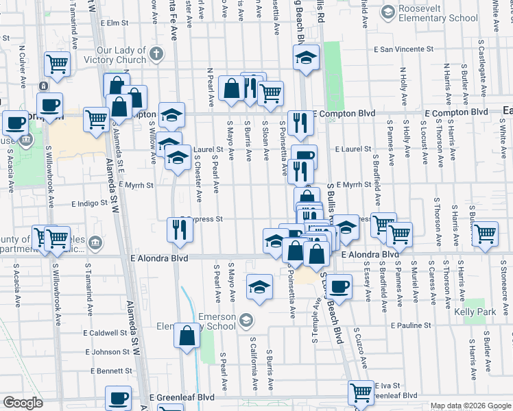 map of restaurants, bars, coffee shops, grocery stores, and more near 604 South Burris Avenue in Compton