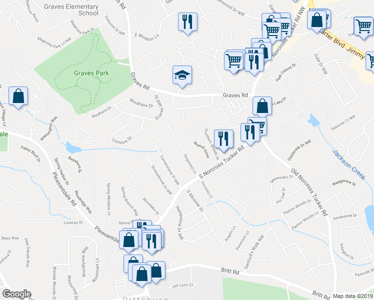 map of restaurants, bars, coffee shops, grocery stores, and more near 1311 Dogwood Lane in Tucker