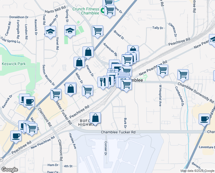 map of restaurants, bars, coffee shops, grocery stores, and more near 3411 Pierce Drive in Chamblee