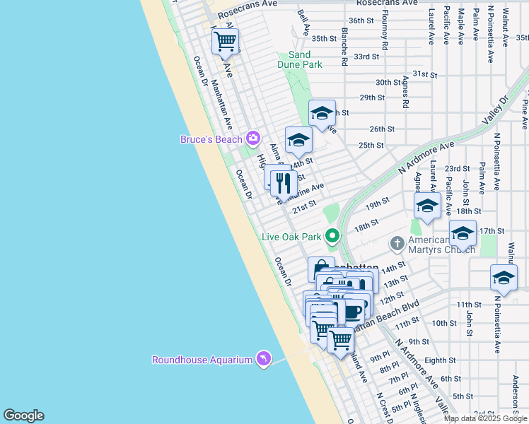 map of restaurants, bars, coffee shops, grocery stores, and more near 128 Marine Avenue in Manhattan Beach