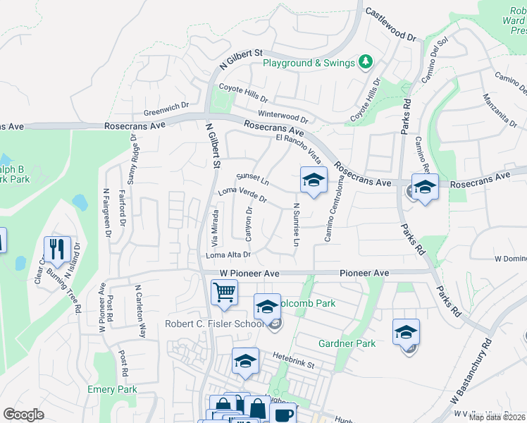 map of restaurants, bars, coffee shops, grocery stores, and more near 1655 Valley Lane in Fullerton
