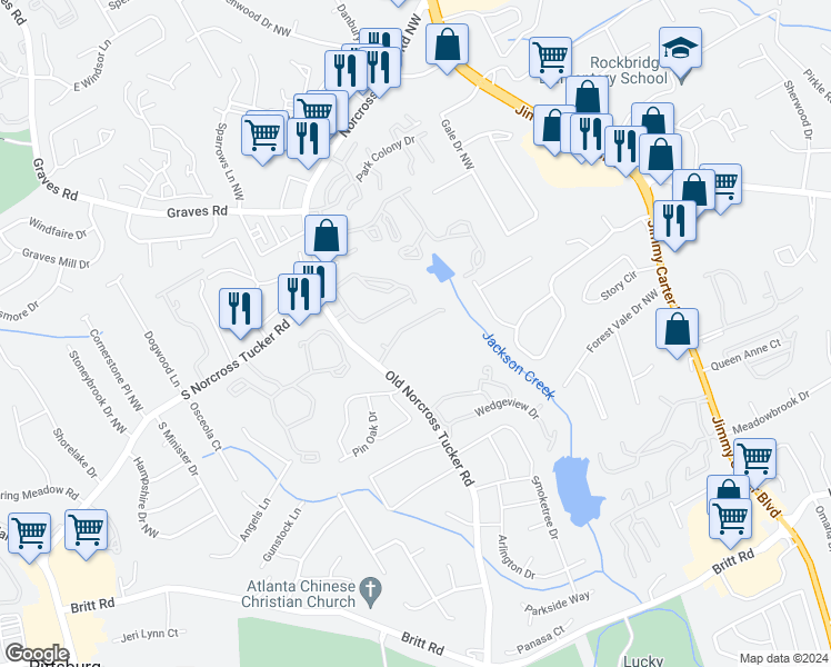 map of restaurants, bars, coffee shops, grocery stores, and more near 6400 Glenbrook Drive Northwest in Tucker