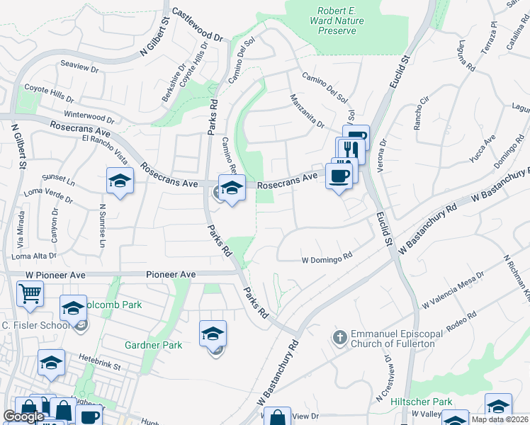 map of restaurants, bars, coffee shops, grocery stores, and more near 1675 Conejo Lane West in Fullerton