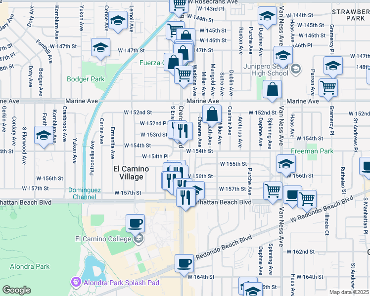 map of restaurants, bars, coffee shops, grocery stores, and more near 15400 Crenshaw Boulevard in Gardena