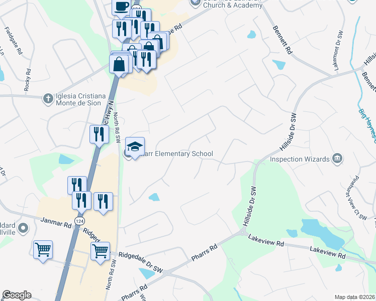 map of restaurants, bars, coffee shops, grocery stores, and more near 1620 Natchez Way in Grayson