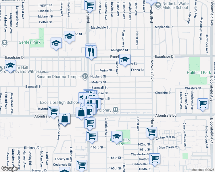 map of restaurants, bars, coffee shops, grocery stores, and more near 11900 Barnwall Street in Norwalk