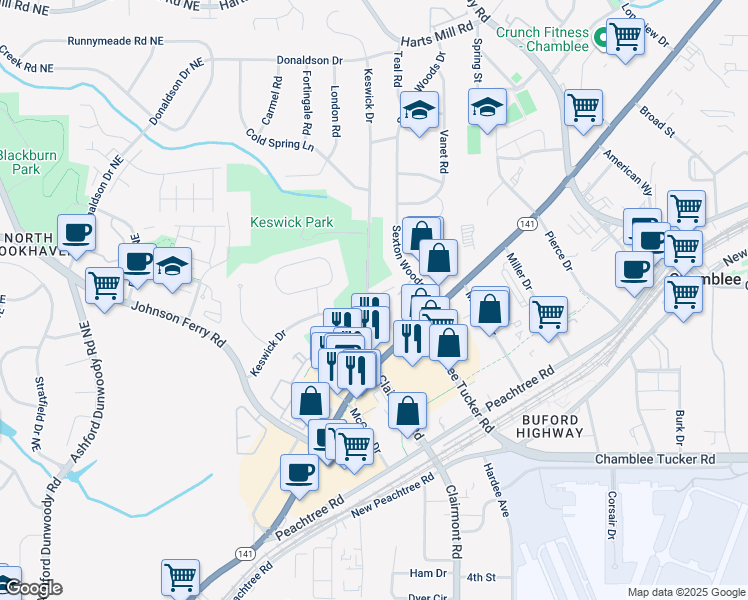 map of restaurants, bars, coffee shops, grocery stores, and more near 3505 Keswick Drive in Atlanta