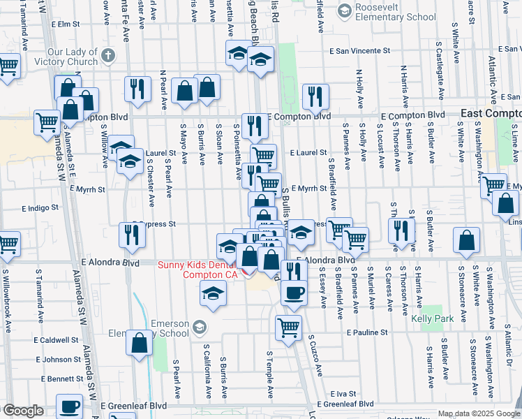 map of restaurants, bars, coffee shops, grocery stores, and more near 612 South Long Beach Boulevard in Compton