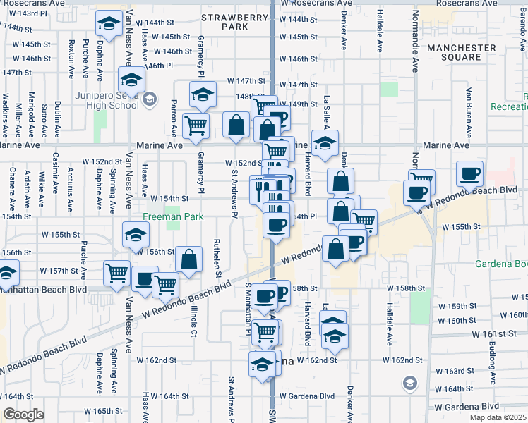 map of restaurants, bars, coffee shops, grocery stores, and more near 15435 South Western Avenue in Gardena