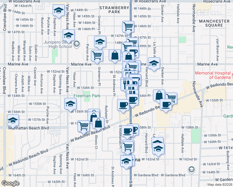 map of restaurants, bars, coffee shops, grocery stores, and more near 1855 West 154th Place in Gardena