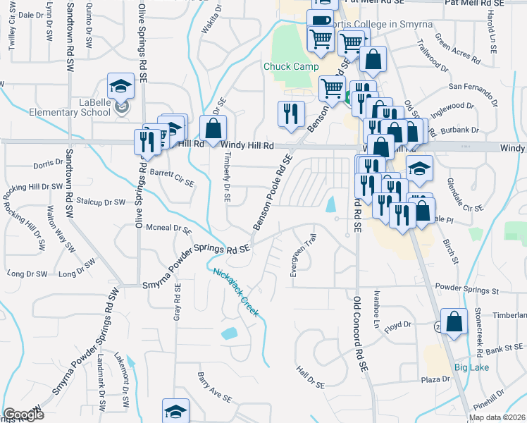 map of restaurants, bars, coffee shops, grocery stores, and more near 2538 Benson Poole Road Southeast in Marietta