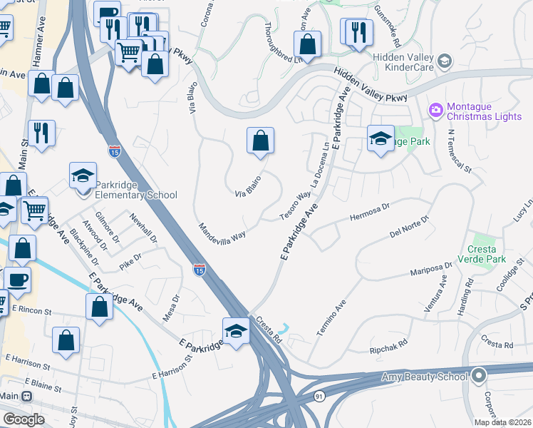 map of restaurants, bars, coffee shops, grocery stores, and more near 1070 Mandevilla Way in Corona