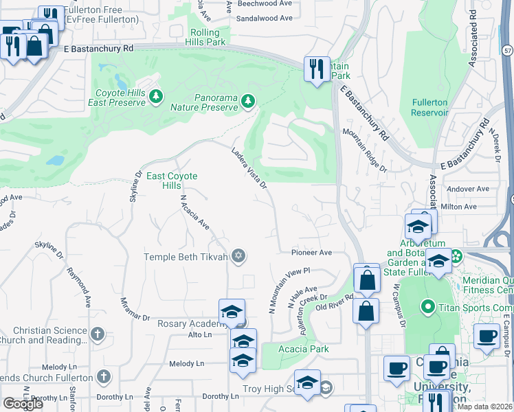 map of restaurants, bars, coffee shops, grocery stores, and more near 1819 Ladera Vista Drive in Fullerton