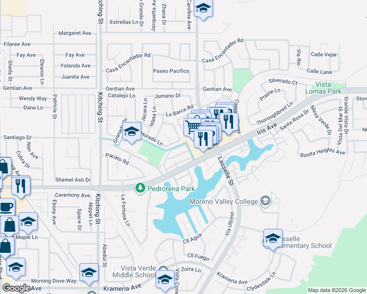 map of restaurants, bars, coffee shops, grocery stores, and more near 25870 Iris Avenue in Moreno Valley