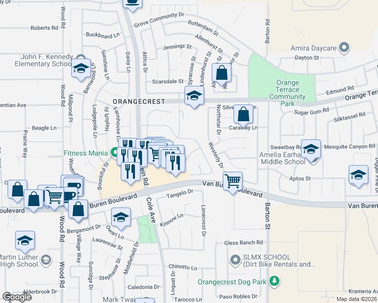 map of restaurants, bars, coffee shops, grocery stores, and more near 8761 Snowmass Peak Way in Riverside