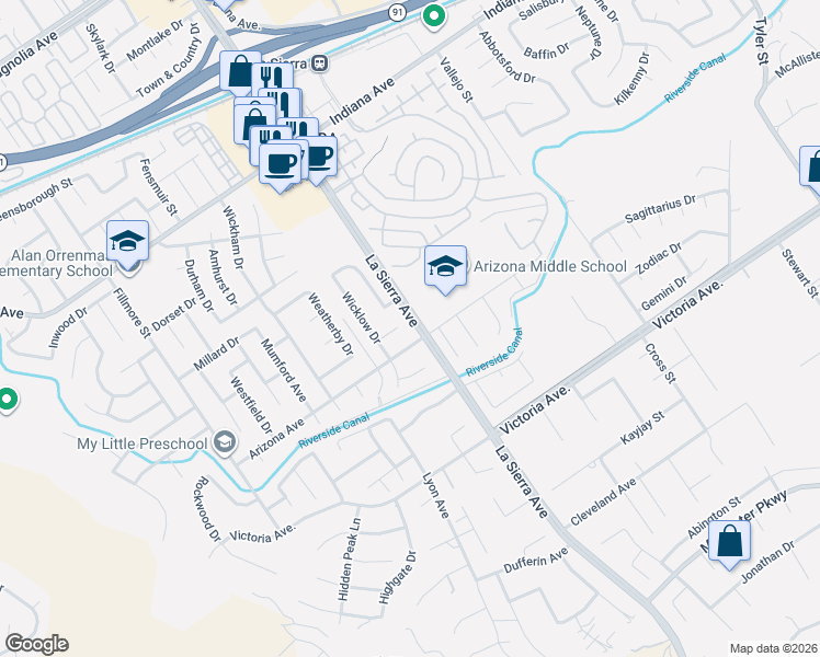 map of restaurants, bars, coffee shops, grocery stores, and more near 11105 Arizona Avenue in Riverside