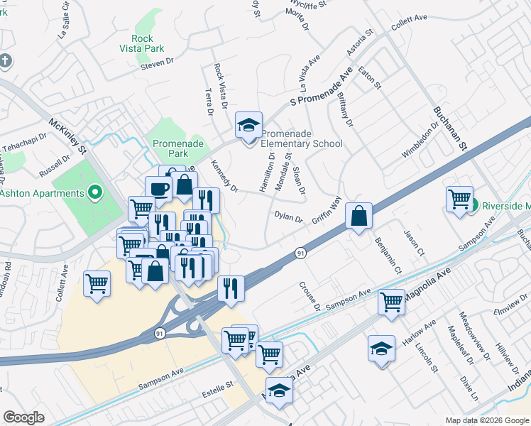 map of restaurants, bars, coffee shops, grocery stores, and more near 470 Dylan Drive in Corona