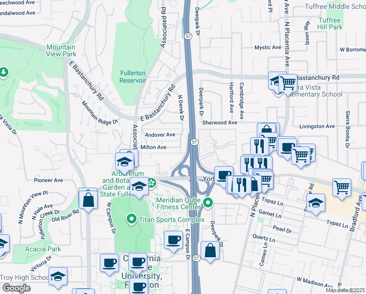 map of restaurants, bars, coffee shops, grocery stores, and more near 2684 Milton Avenue in Fullerton