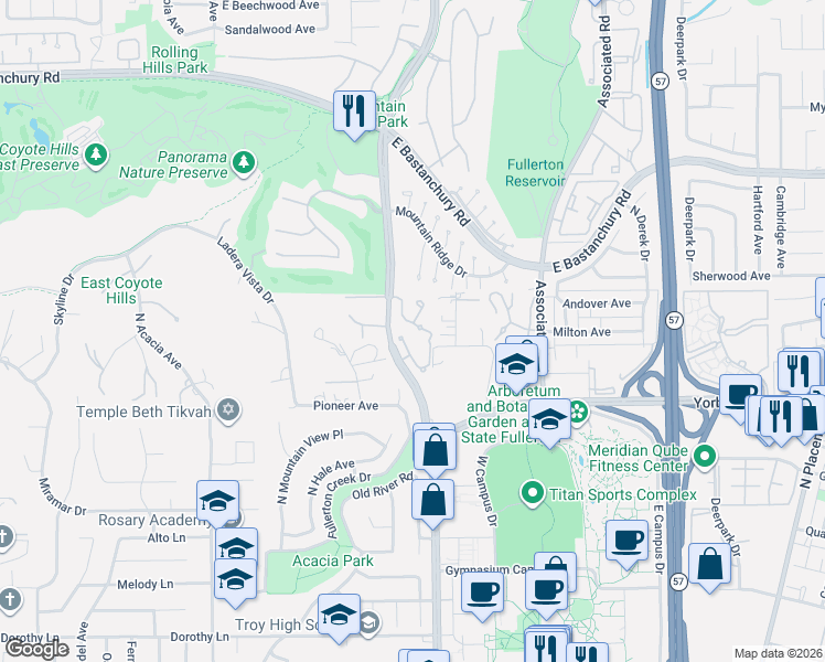 map of restaurants, bars, coffee shops, grocery stores, and more near 1910 Vista Del Oro in Fullerton