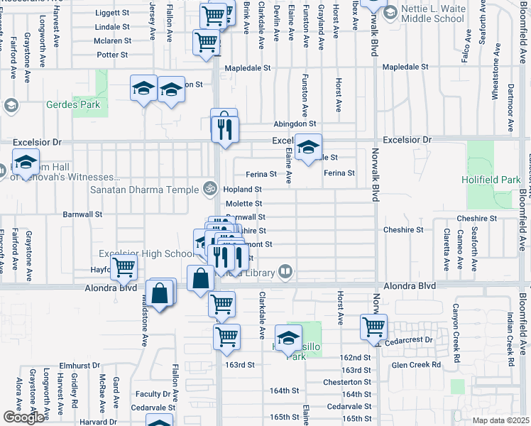 map of restaurants, bars, coffee shops, grocery stores, and more near 11900 Barnwall Street in Norwalk