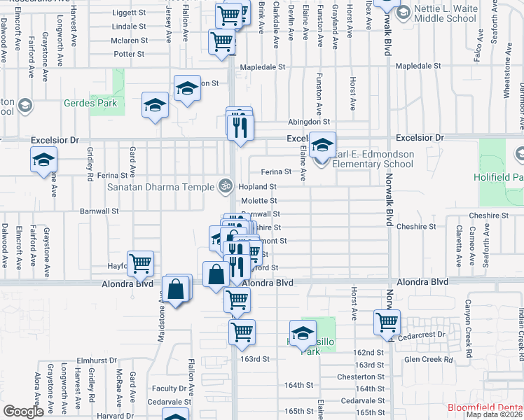 map of restaurants, bars, coffee shops, grocery stores, and more near 11900 Barnwall Street in Norwalk