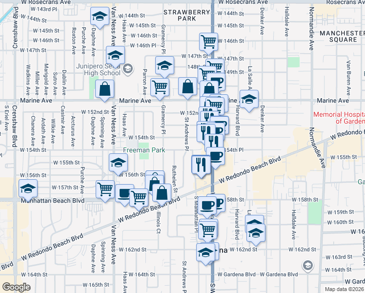 map of restaurants, bars, coffee shops, grocery stores, and more near 1923 West 154th Place in Gardena