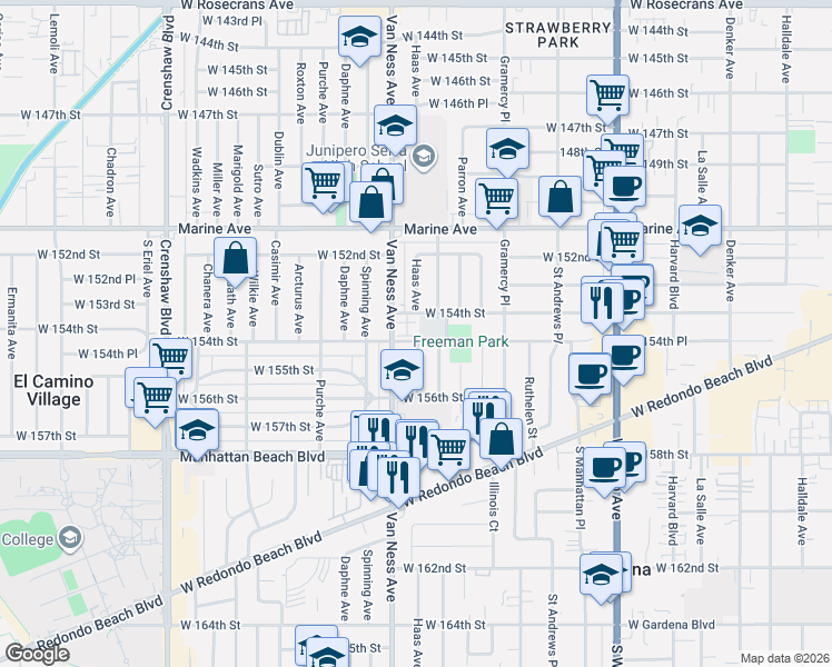 map of restaurants, bars, coffee shops, grocery stores, and more near 15403 Haas Avenue in Gardena