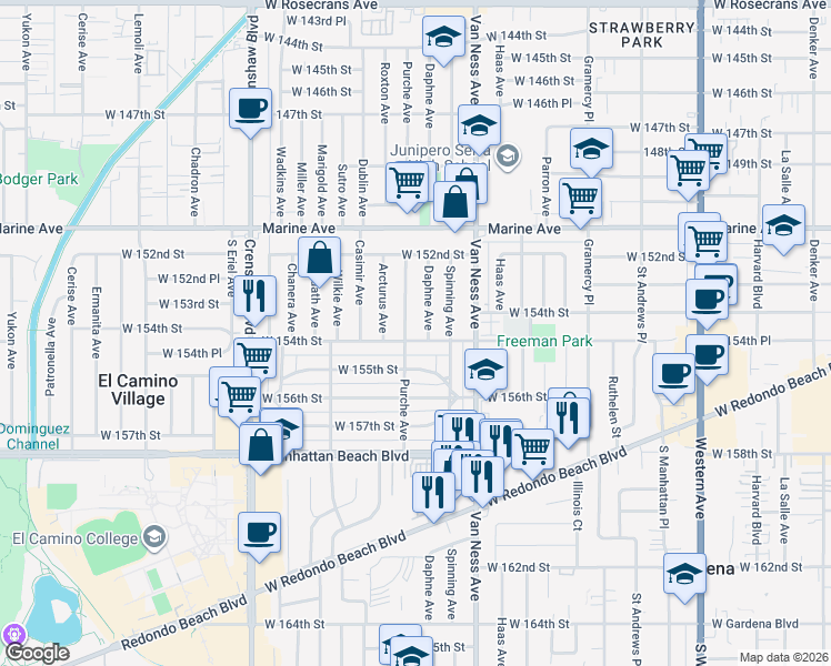 map of restaurants, bars, coffee shops, grocery stores, and more near 2408 West 154th Street in Gardena