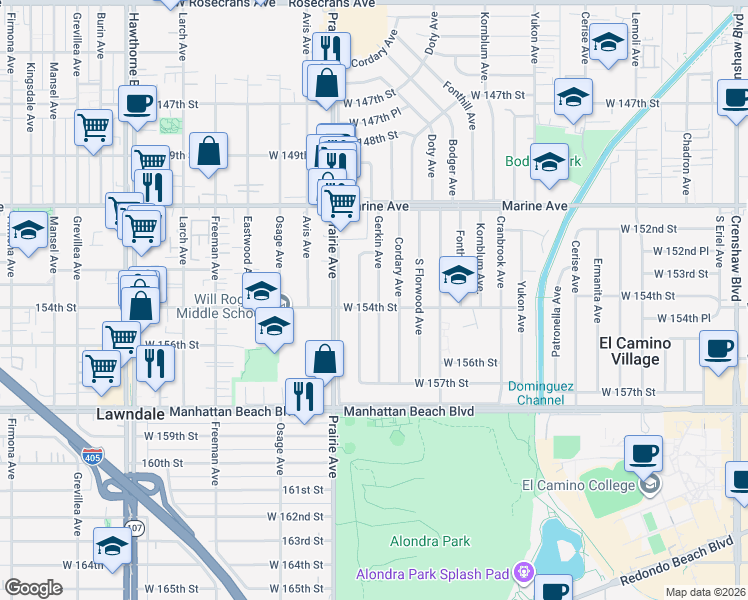 map of restaurants, bars, coffee shops, grocery stores, and more near 15402 Roselle Avenue in Lawndale