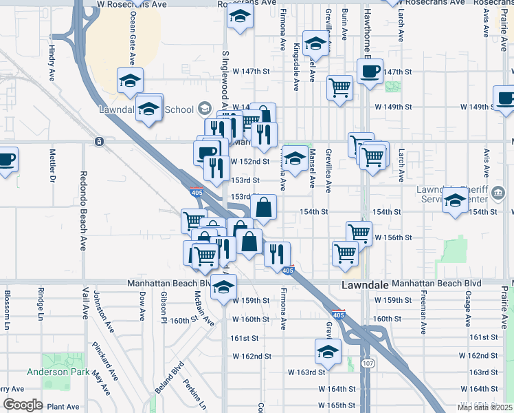 map of restaurants, bars, coffee shops, grocery stores, and more near 4640 154th Street in Lawndale